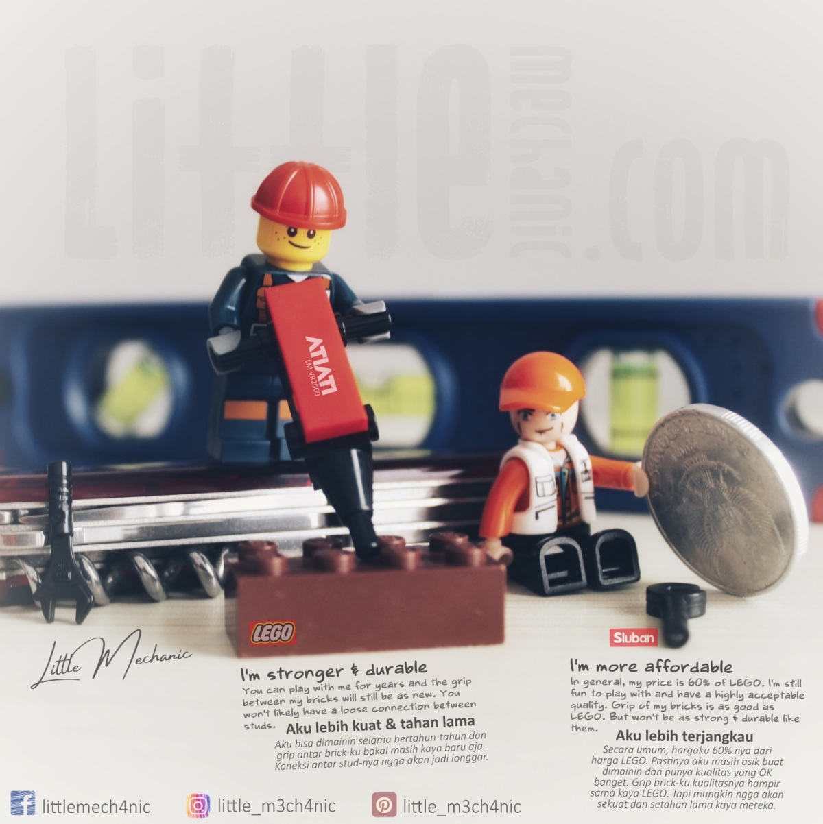 Photo of Sluban Brick and Lego minifigures. Little mechanic.
